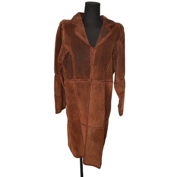Vintage S.M.H. Brown Patchwork Suede Hippie Lined Duster Size Large - Picture 1 of 5